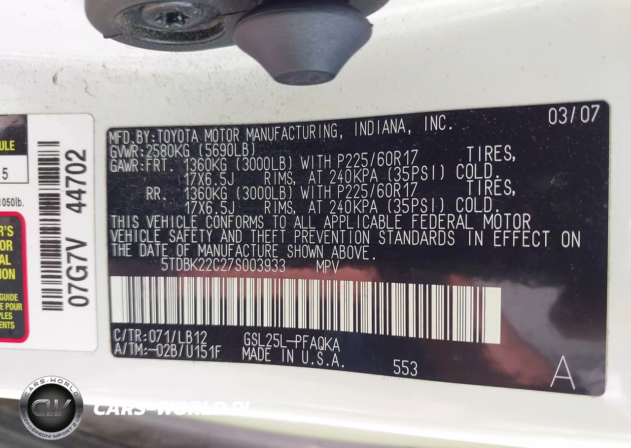 2007 Toyota Sienna Xle VIN:5TDBK22C27S003933 - 9