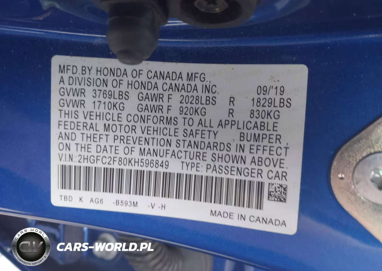 2019 Honda Civic Sport VIN:2HGFC2F80KH596849 - 9