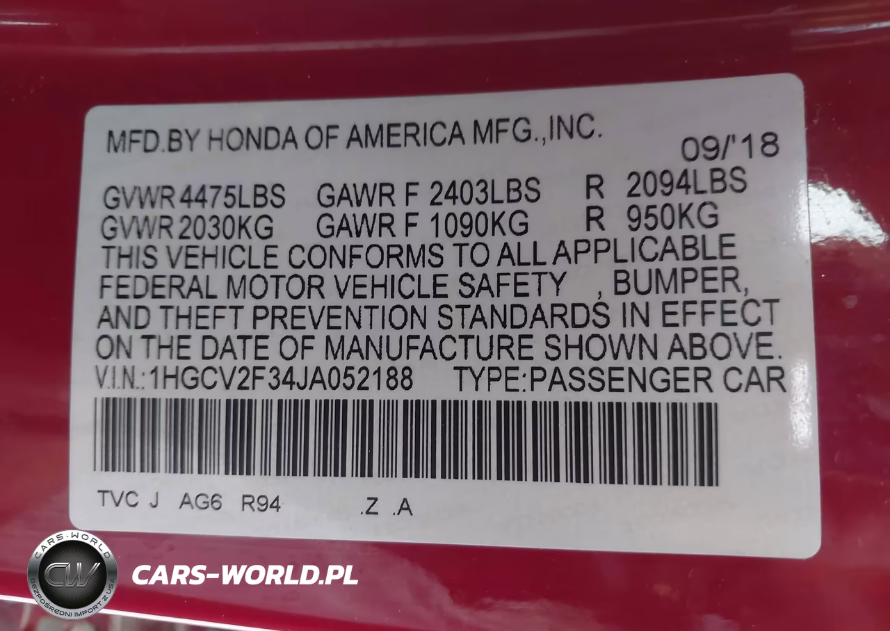 2018 Honda Accord Sport 2.0T VIN:1HGCV2F34JA052188 - 9