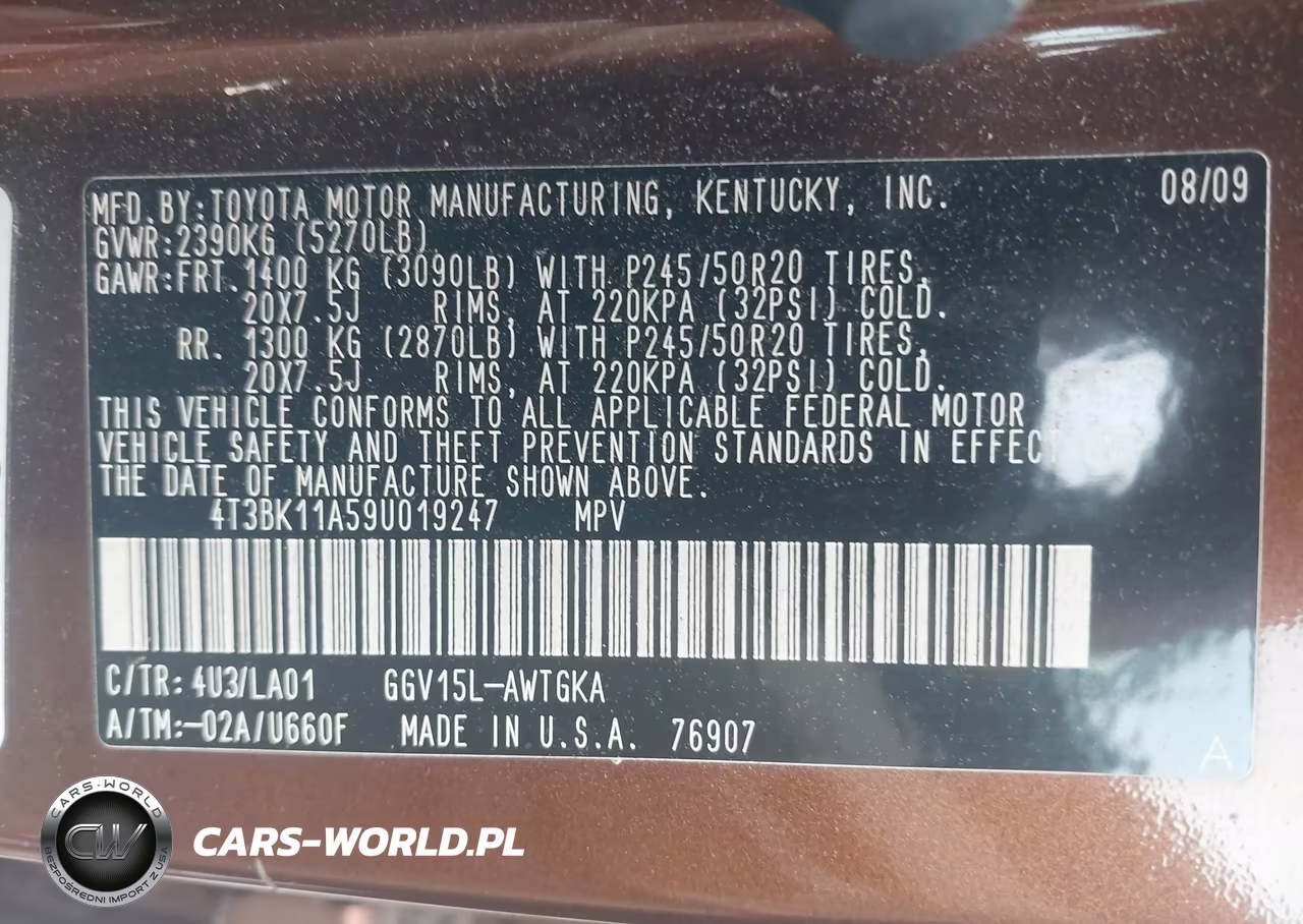 2009 Toyota Venza Base V6 VIN:4T3BK11A59U019247 - 9
