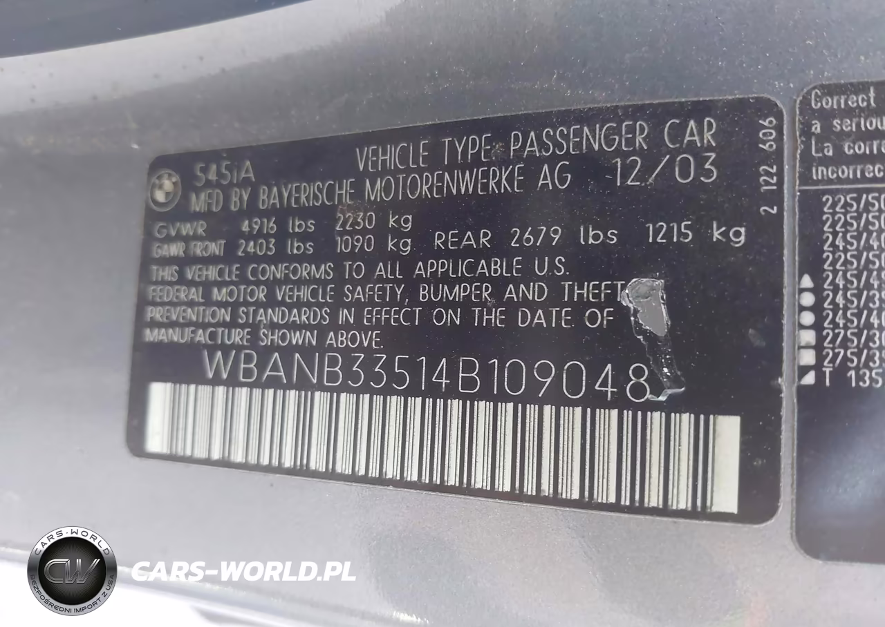 2004 BMW 545I VIN:WBANB33514B109048 - 9