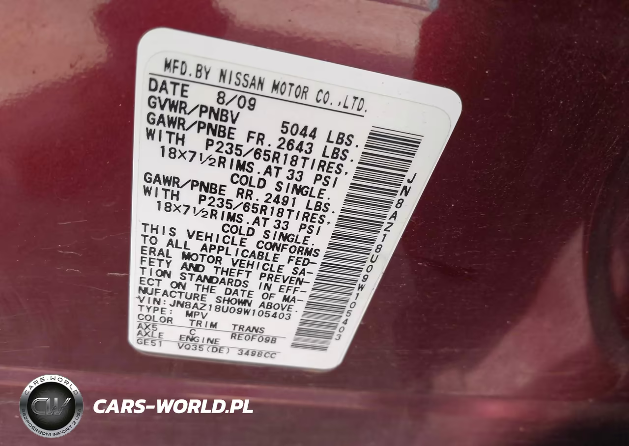 2009 Nissan Murano Sl VIN:JN8AZ18U09W105403 - 9