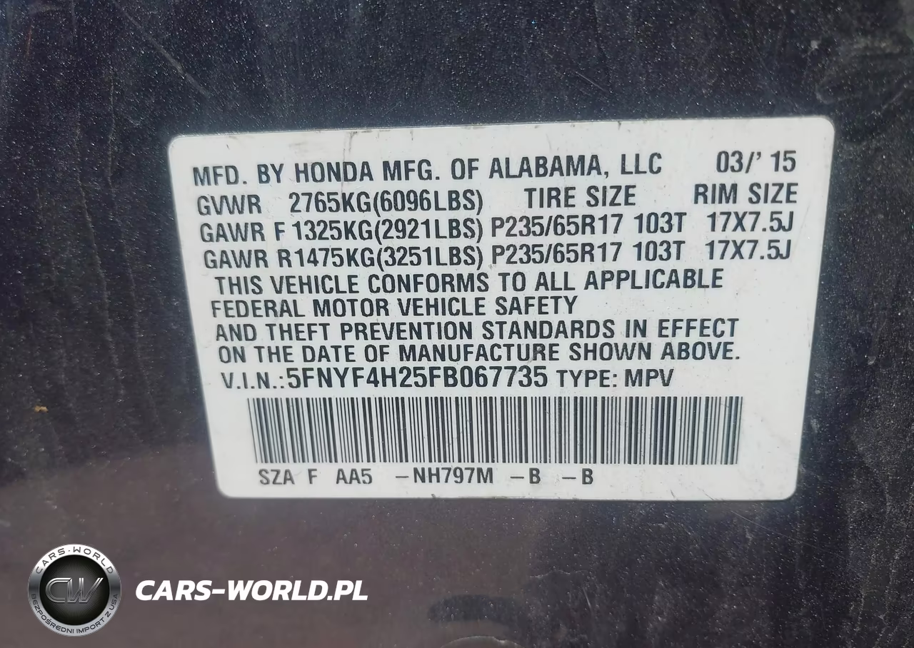 2015 Honda Pilot Lx VIN:5FNYF4H25FB067735 - 9