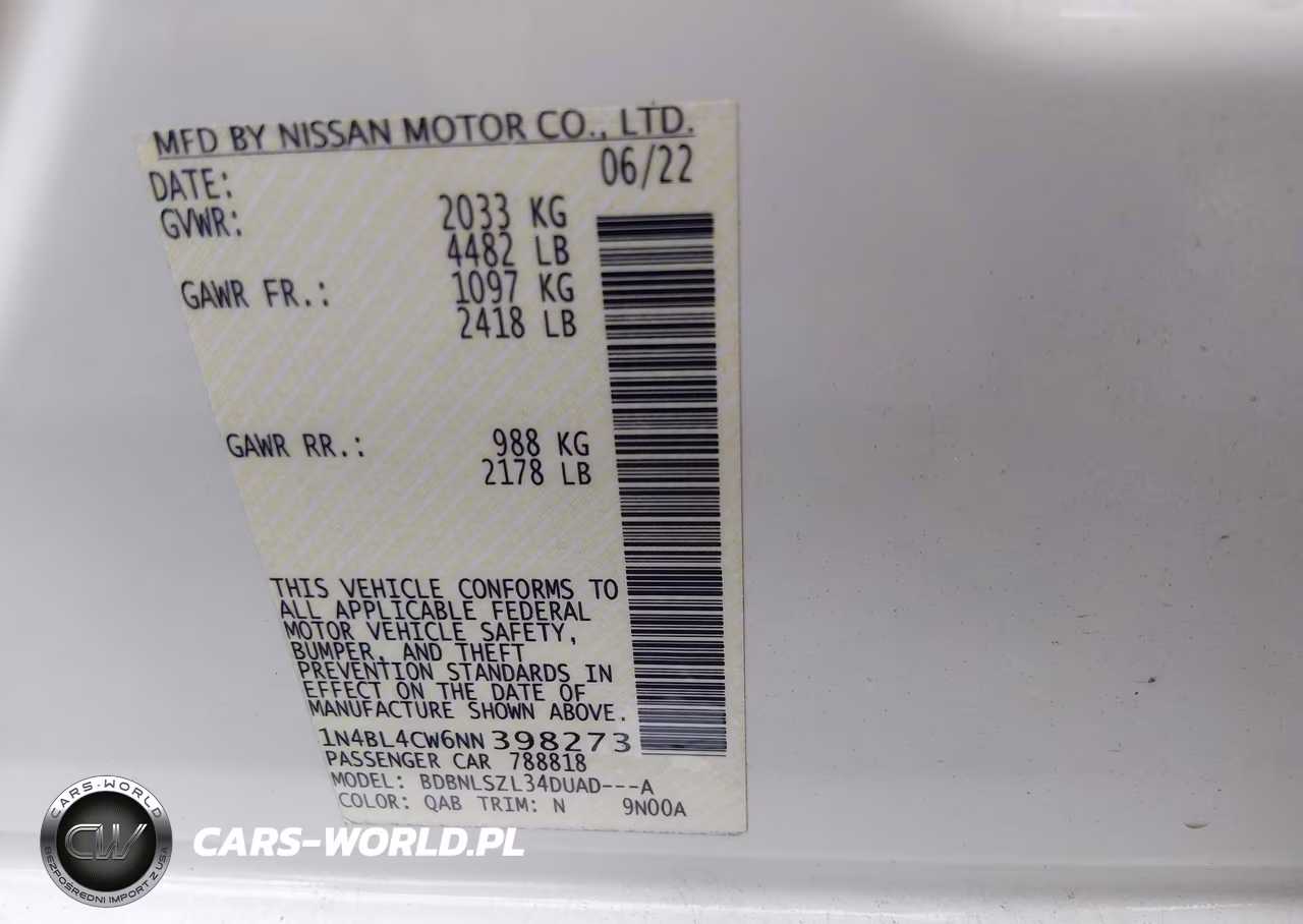2022 Nissan Altima Sr Intelligent Awd VIN:1N4BL4CW6NN398273 - 9