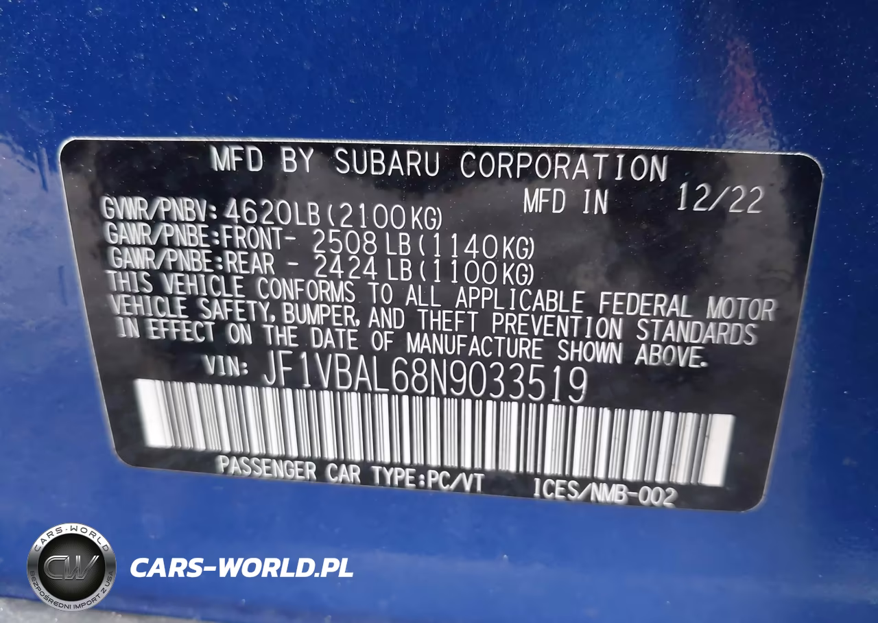 2022 Subaru Wrx Limited VIN:JF1VBAL68N9033519 - 9