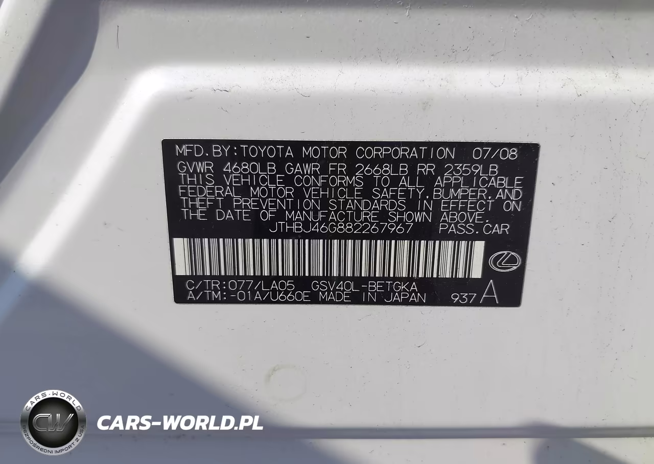 2008 Lexus Es 350 VIN:JTHBJ46G882267967 - 9
