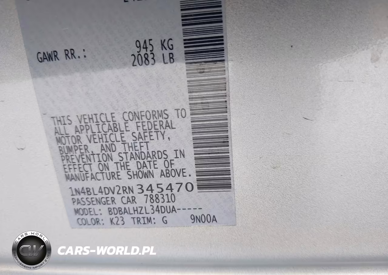 2024 Nissan Altima Sv Fwd VIN:1N4BL4DV2RN345470 - 9