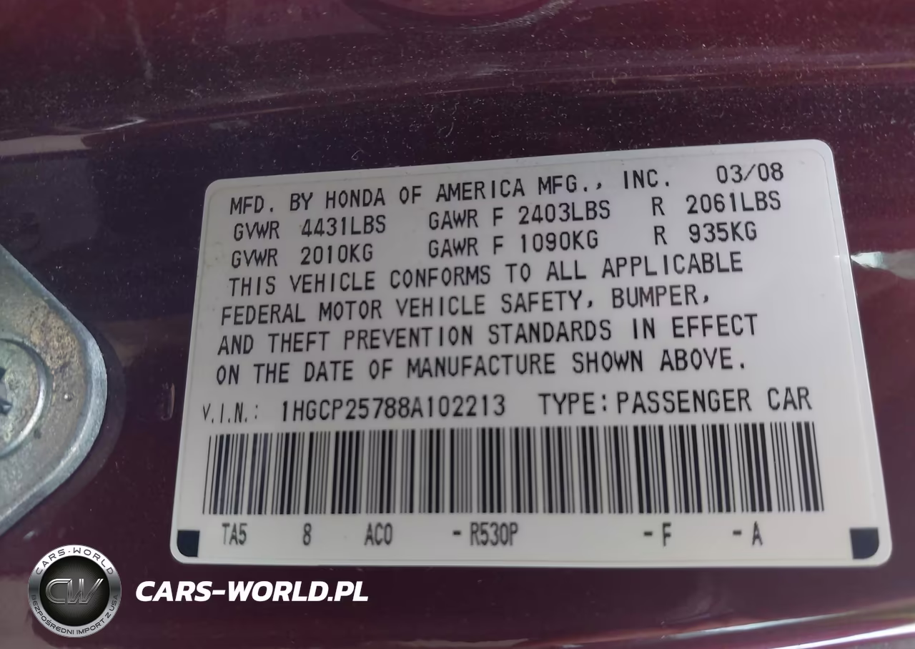 2008 Honda Accord 2.4 Ex VIN:1HGCP25788A102213 - 9