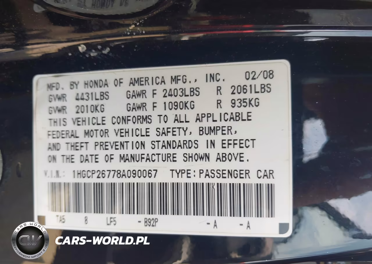 2008 Honda Accord 2.4 Ex VIN:1HGCP26778A090067 - 9