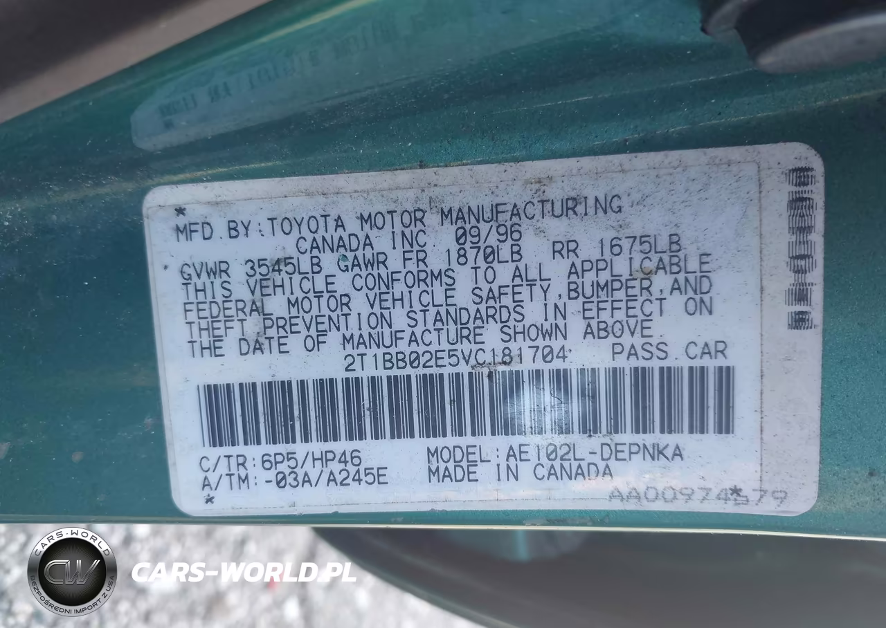 1997 Toyota Corolla Dx VIN:2T1BB02E5VC181704 - 9