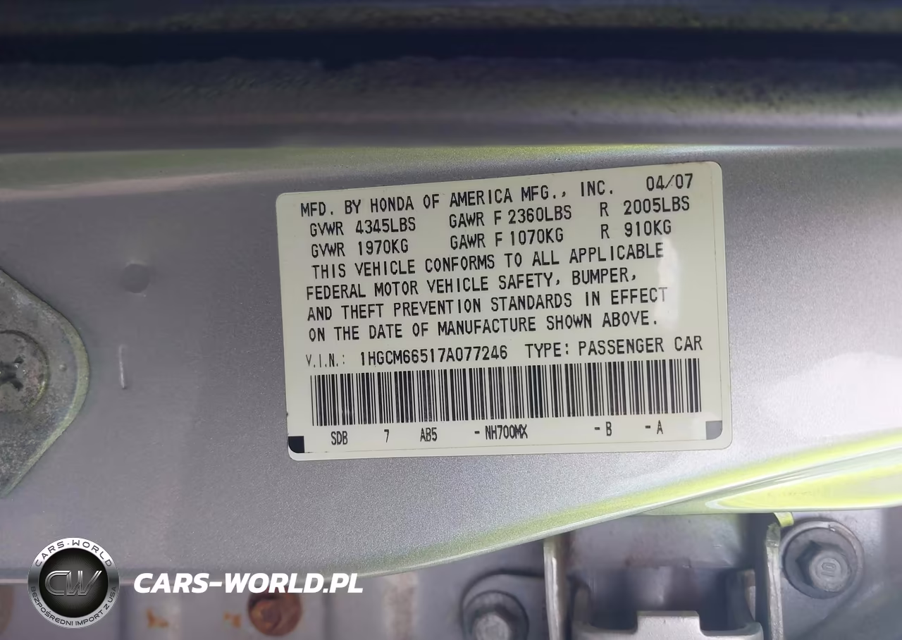 2007 Honda Accord 3.0 Ex VIN:1HGCM66517A077246 - 9