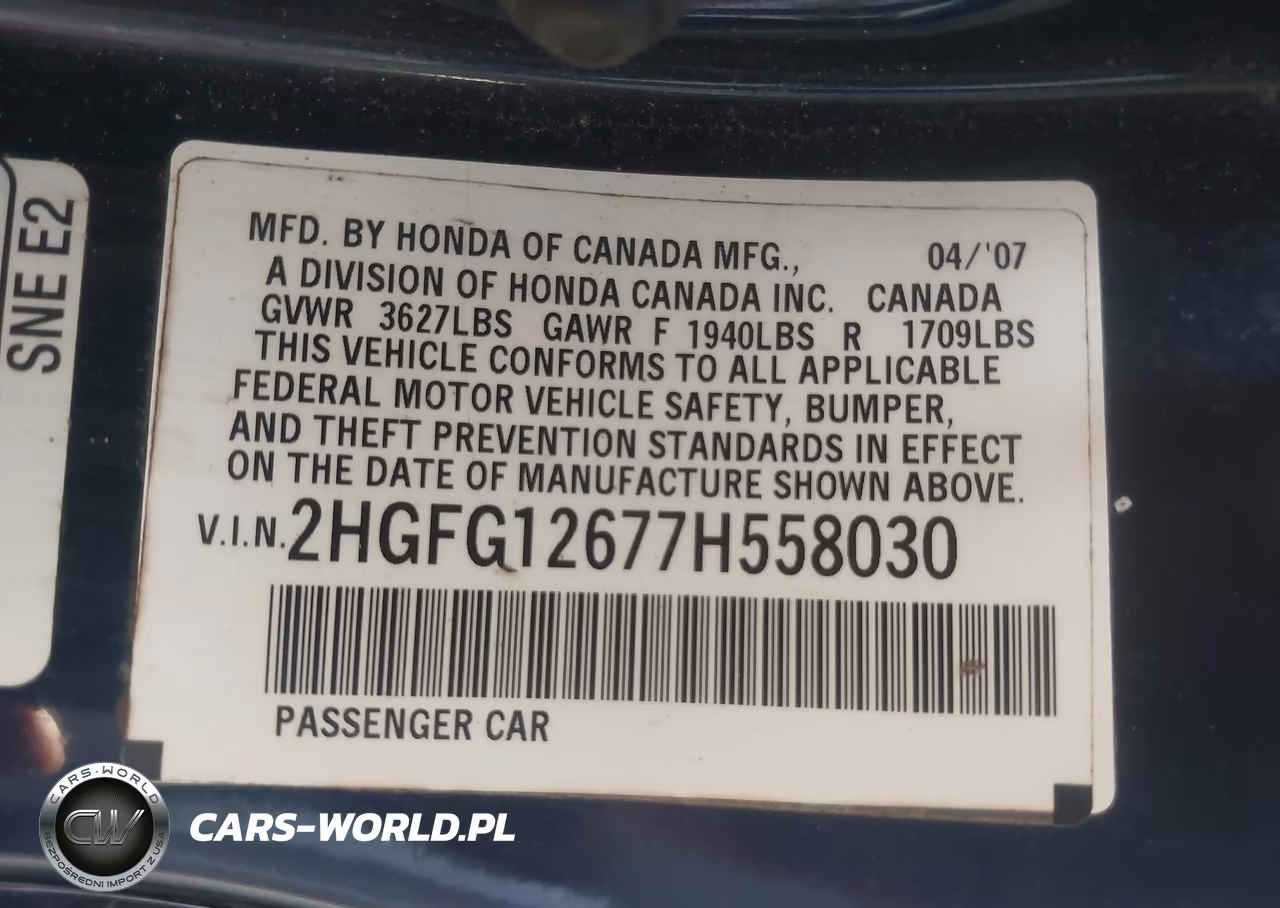 2007 Honda Civic Lx VIN:2HGFG12677H558030 - 9