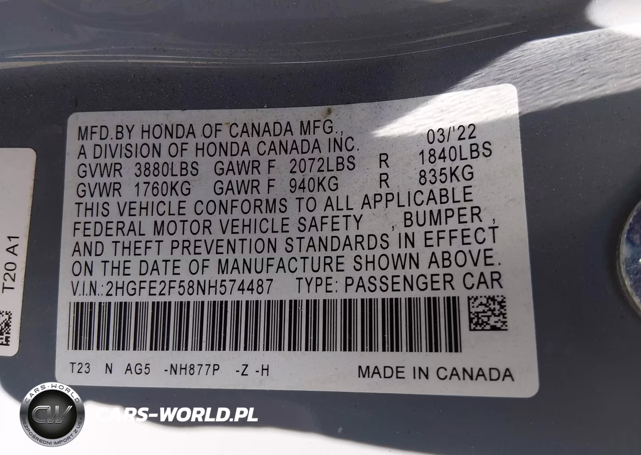 2022 Honda Civic Sport VIN:2HGFE2F58NH574487 - 9