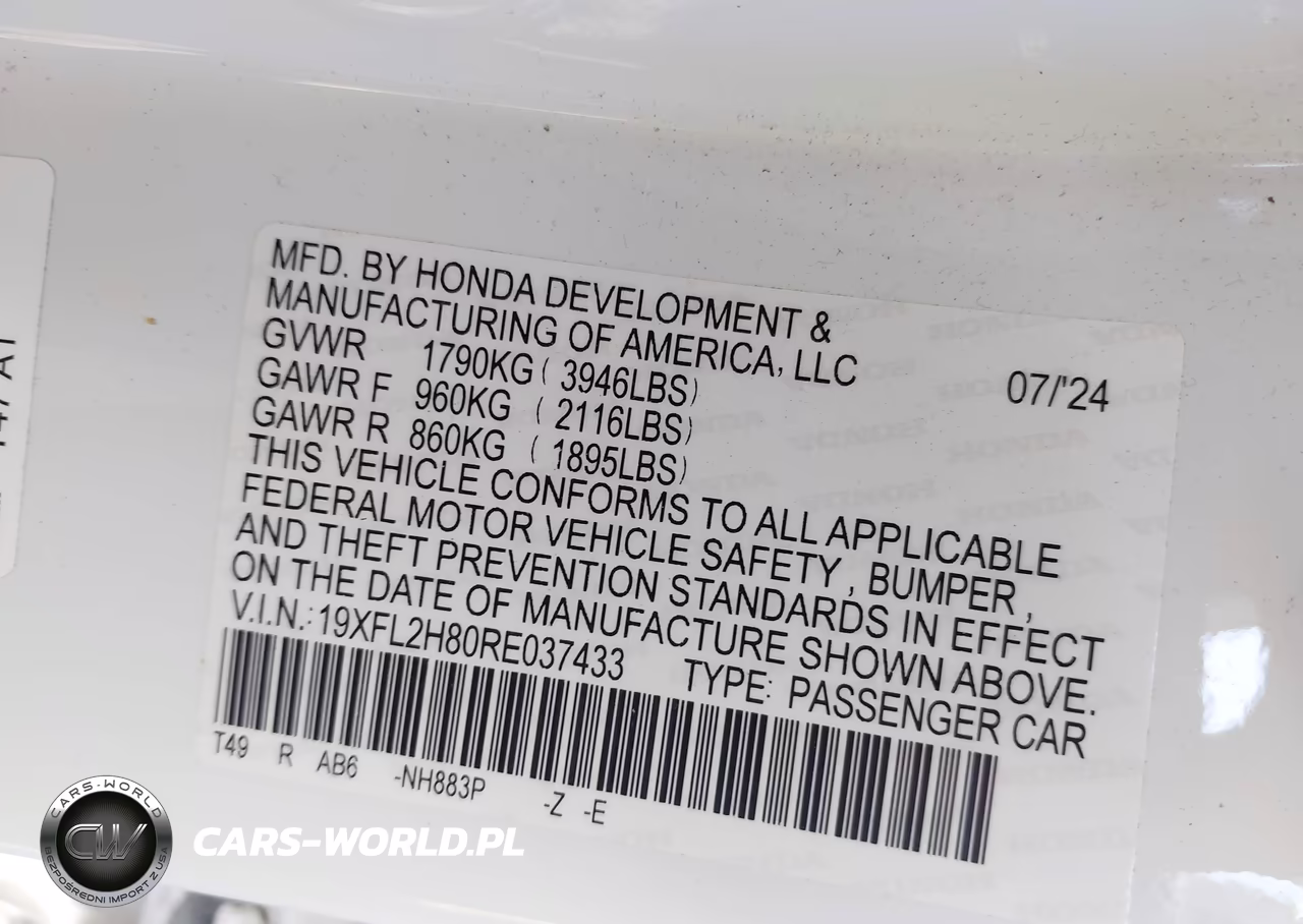 2024 Honda Civic Sport VIN:19XFL2H80RE037433 - 9