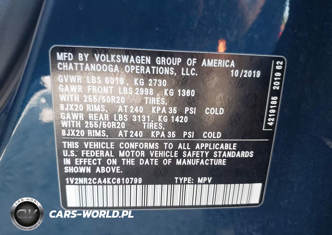 2019 Volkswagen Atlas 3.6L V6 Sel Premium VIN:1V2NR2CA4KC610799 - 9