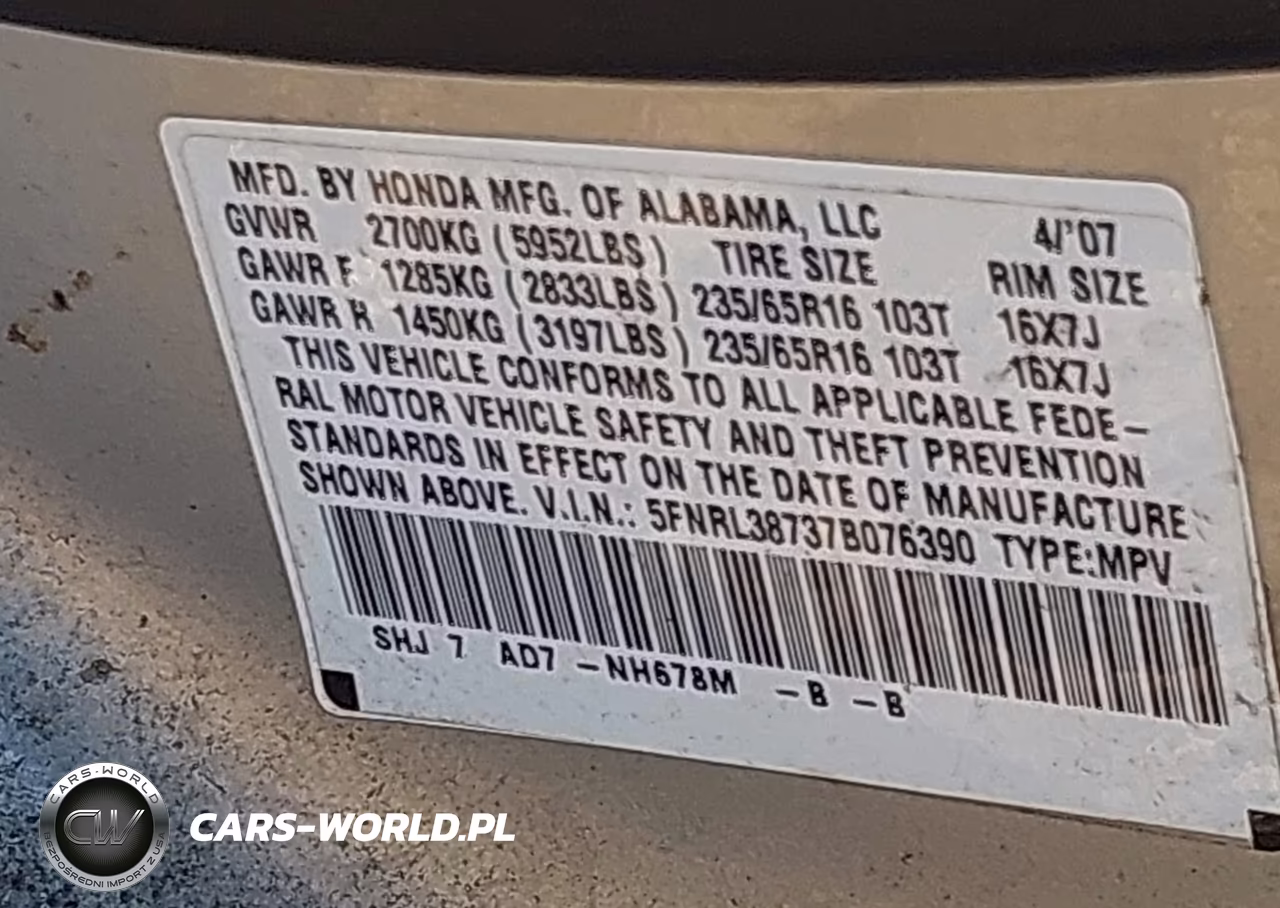 2007 Honda Odyssey Ex-L VIN:5FNRL38737B076390 - 9