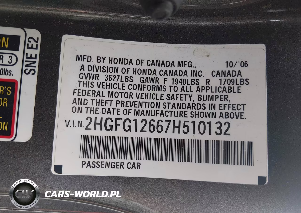 2007 Honda Civic Lx VIN:2HGFG12667H510132 - 9