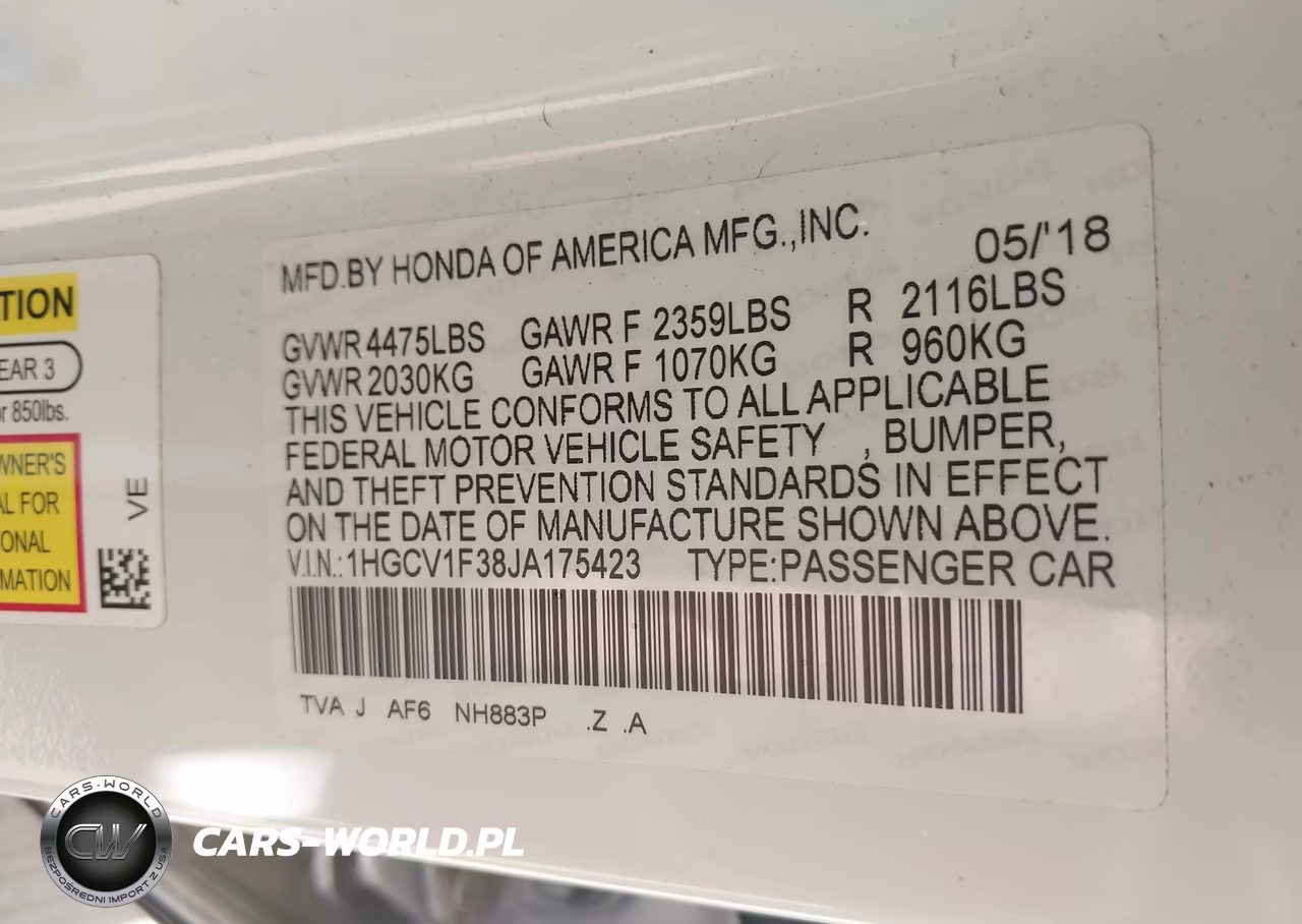2018 Honda Accord Sport VIN:1HGCV1F38JA175423 - 9