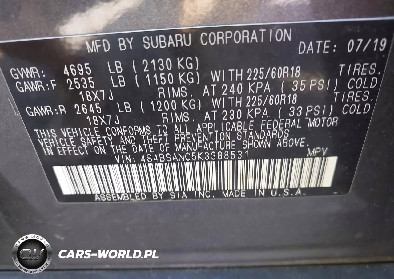 2019 Subaru Outback 2.5I Limited VIN:4S4BSANC5K3388531 - 9