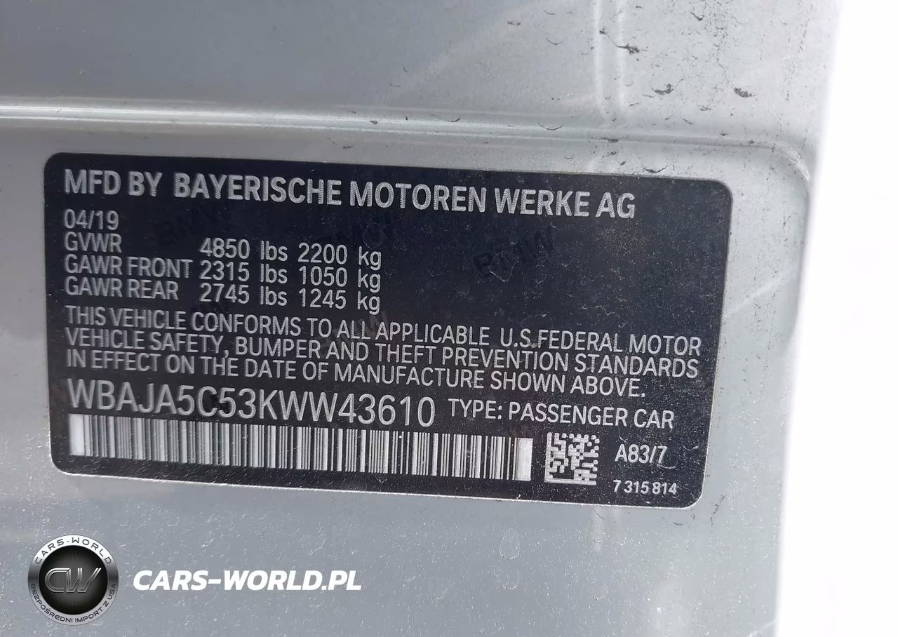2019 BMW 530I VIN:WBAJA5C53KWW43610 - 9