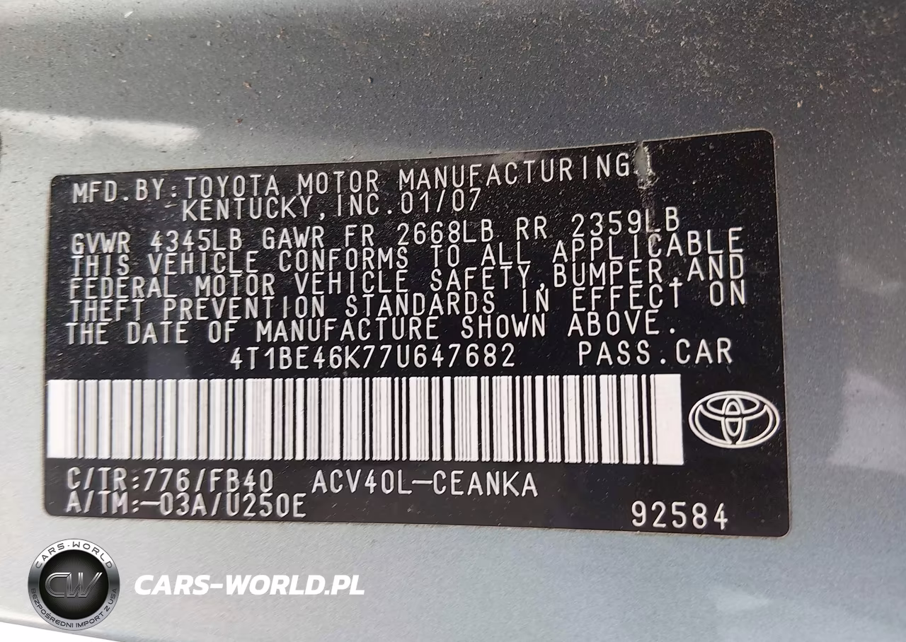 2007 Toyota Camry Le VIN:4T1BE46K77U647682 - 9