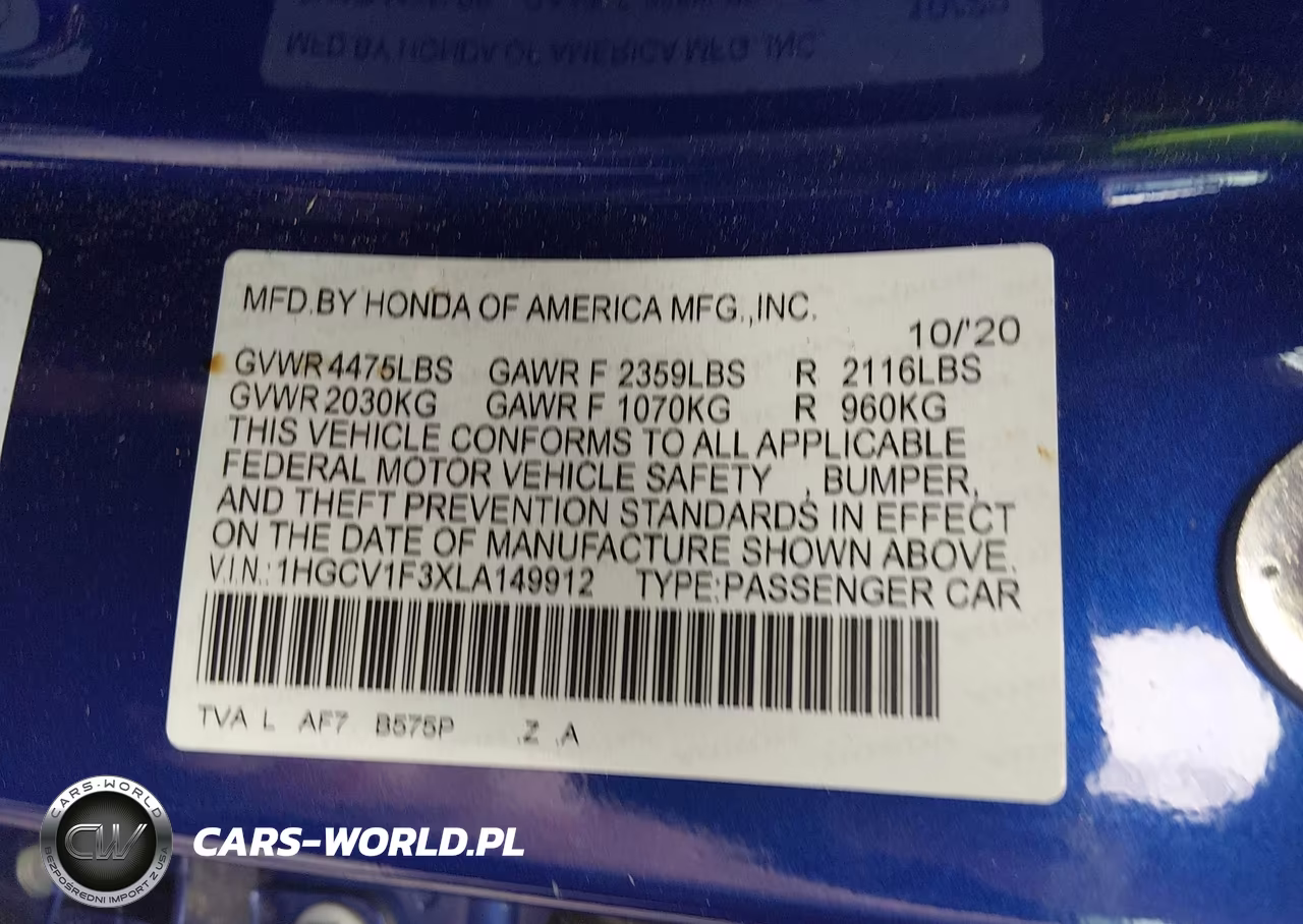 2020 Honda Accord Sport VIN:1HGCV1F3XLA149912 - 9