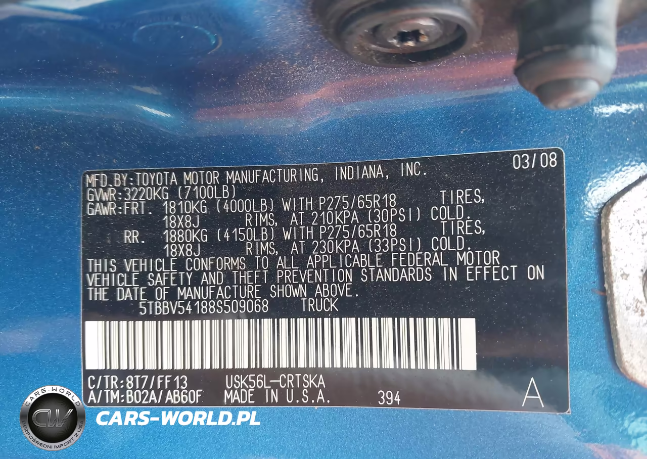 2008 Toyota Tundra Sr5 5.7L V8 VIN:5TBBV54188S509068 - 9