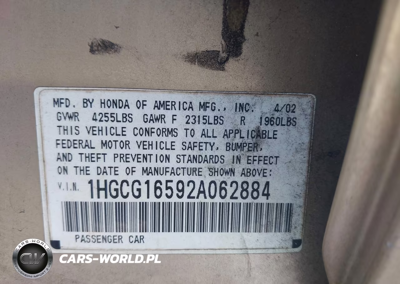 2002 Honda Accord 3.0 Ex VIN:1HGCG16592A062884 - 9