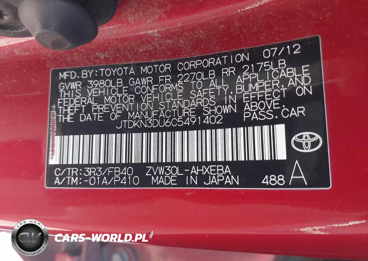 2012 Toyota Prius Two VIN:JTDKN3DU6C5491402 - 9