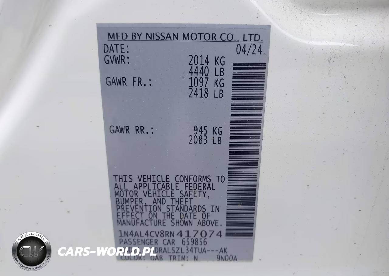 2024 Nissan Altima Sr Vc-Turbo Fwd VIN:1N4AL4CV8RN417074 - 9