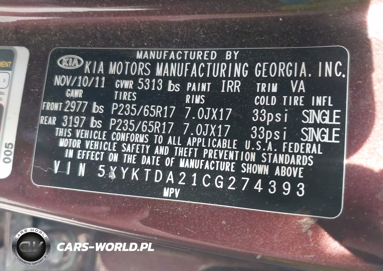 2012 Kia Sorento Lx V6 VIN:5XYKTDA21CG274393 - 9