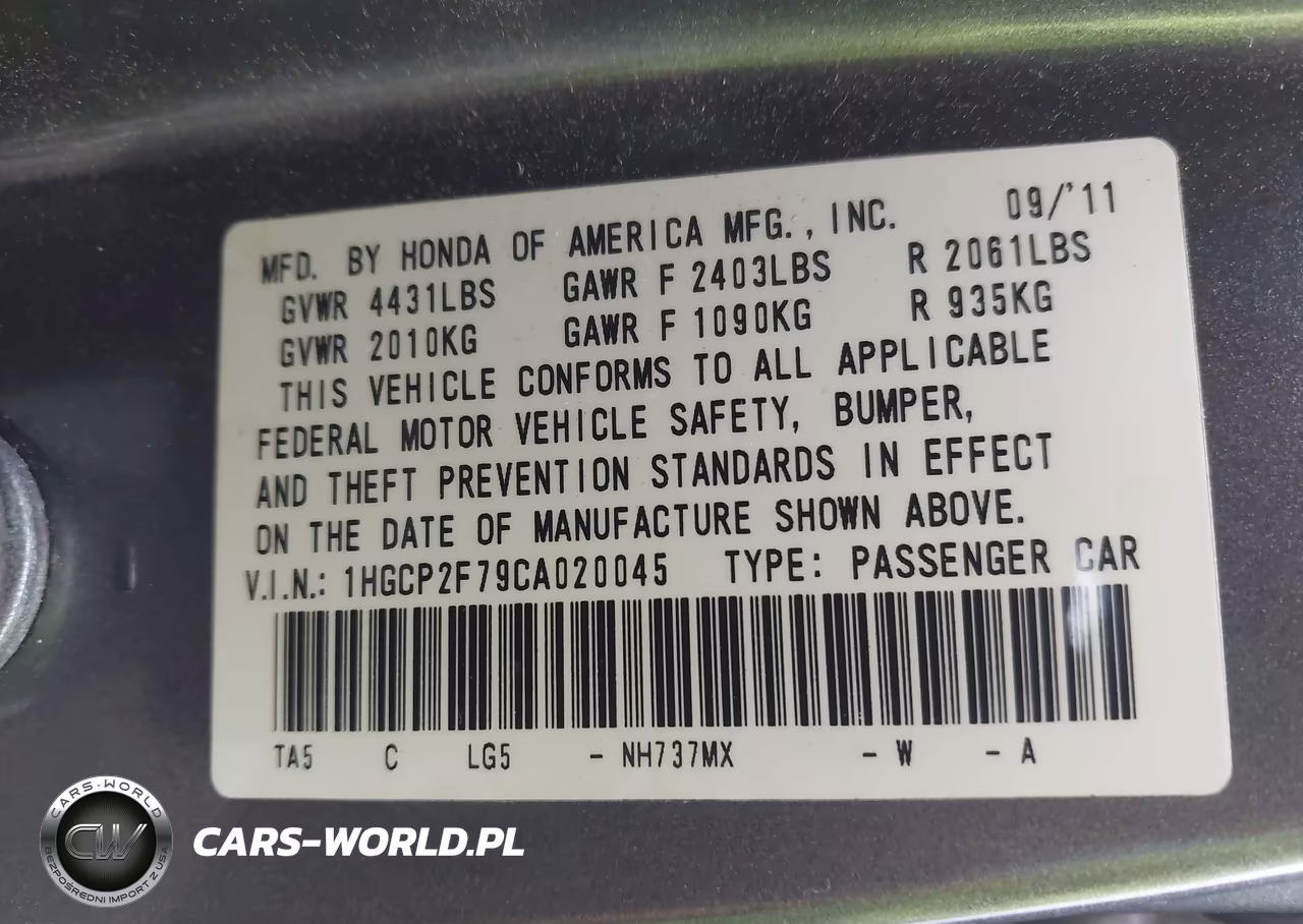 2012 Honda Accord 2.4 Ex VIN:1HGCP2F79CA020045 - 9