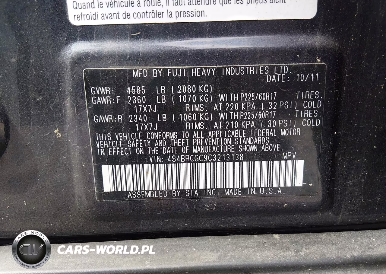 2012 Subaru Outback 2.5I Premium VIN:4S4BRCGC9C3213138 - 9