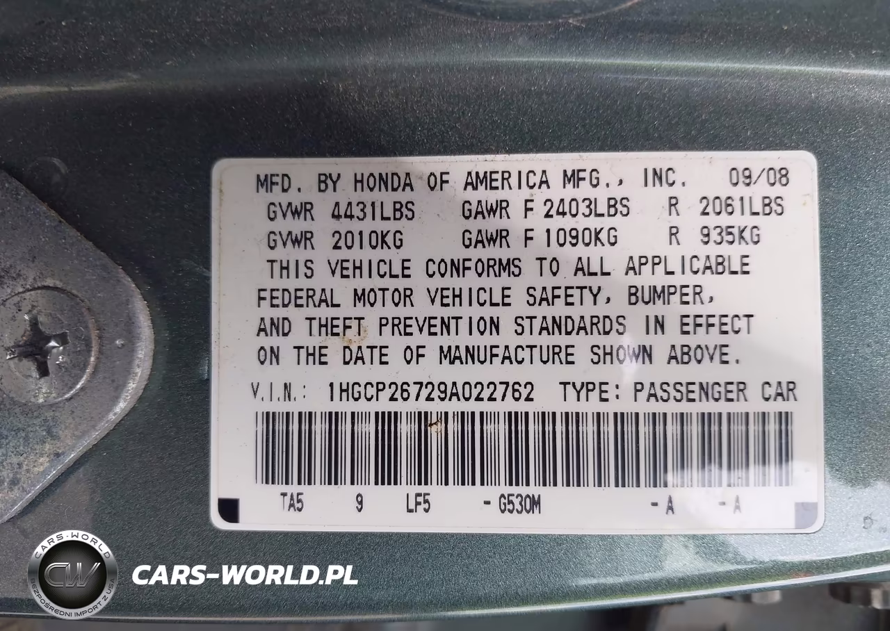 2009 Honda Accord 2.4 Ex VIN:1HGCP26729A022762 - 9