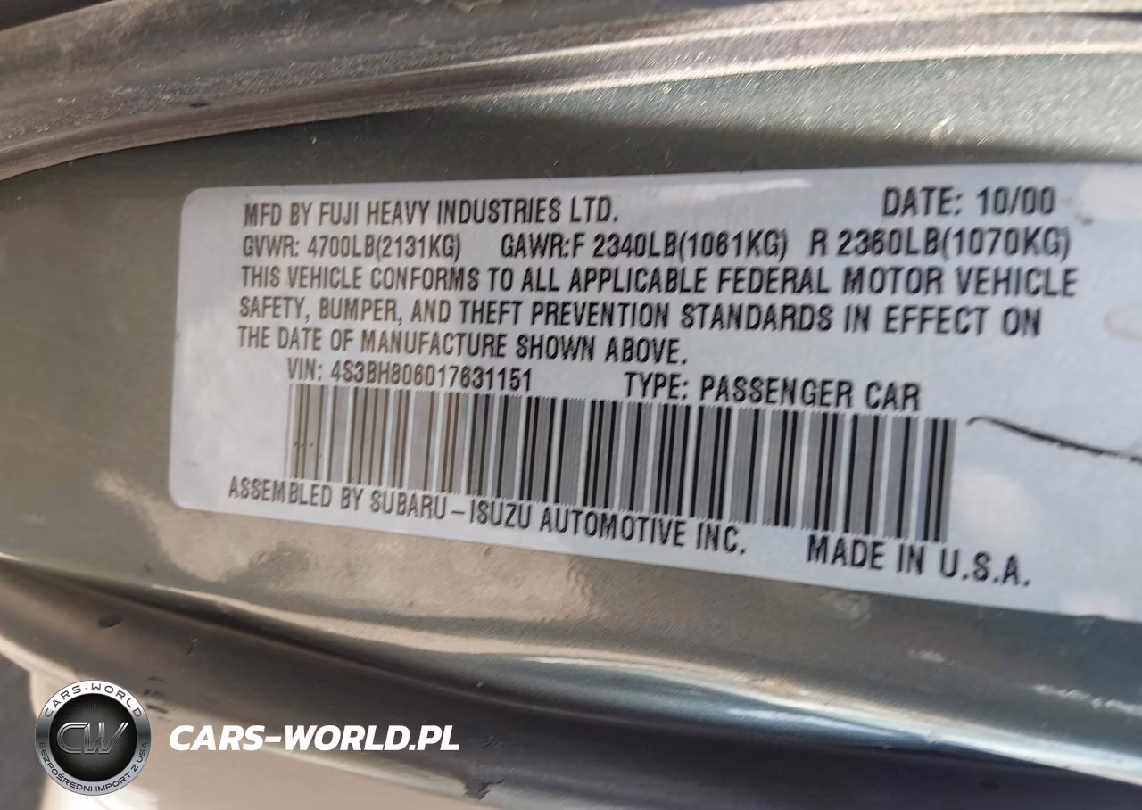 2001 Subaru Outback H6-3.0 VIN:4S3BH806017631151 - 9