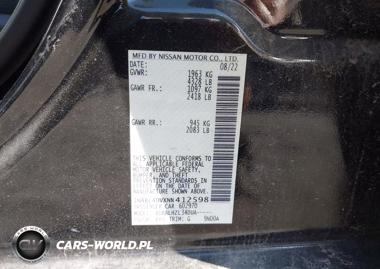 2022 Nissan Altima Sv Fwd VIN:1N4BL4DVXNN412598 - 9