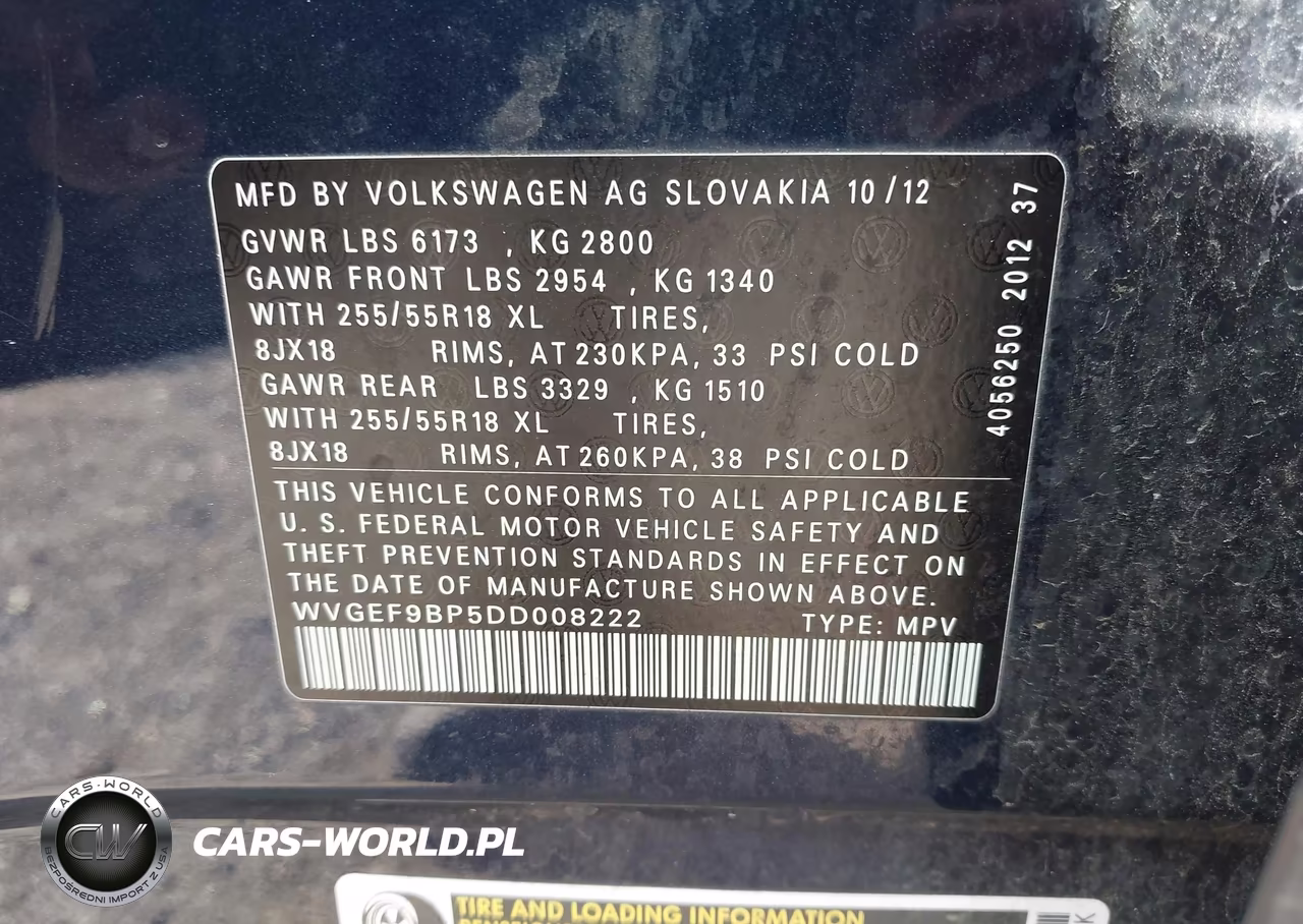2013 Volkswagen Touareg Vr6 Sport VIN:WVGEF9BP5DD008222 - 9