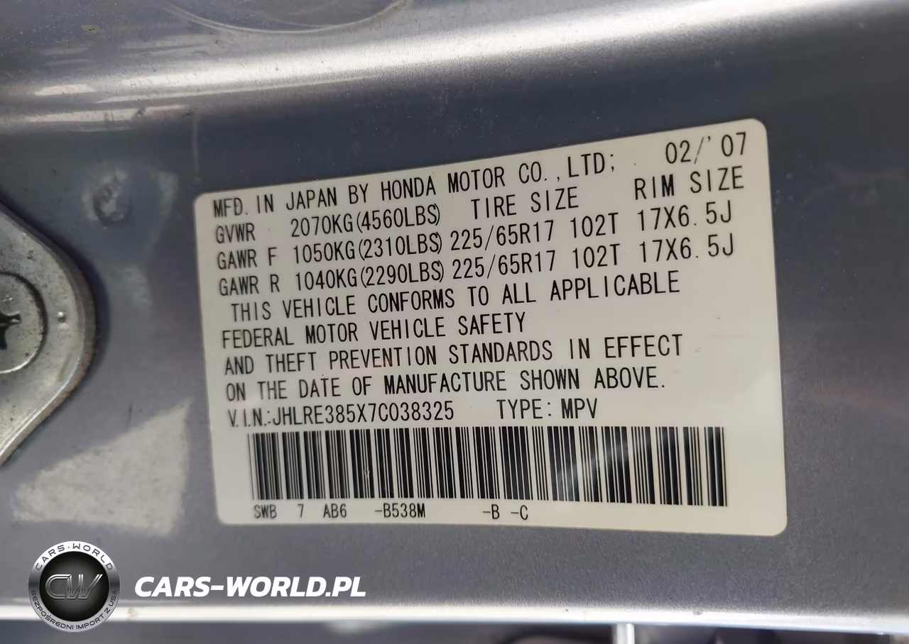 2007 Honda Cr-V Ex VIN:JHLRE385X7C038325 - 9