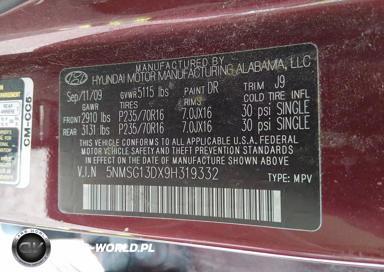2009 Hyundai Santa Fe Gls VIN:5NMSG13DX9H319332 - 9