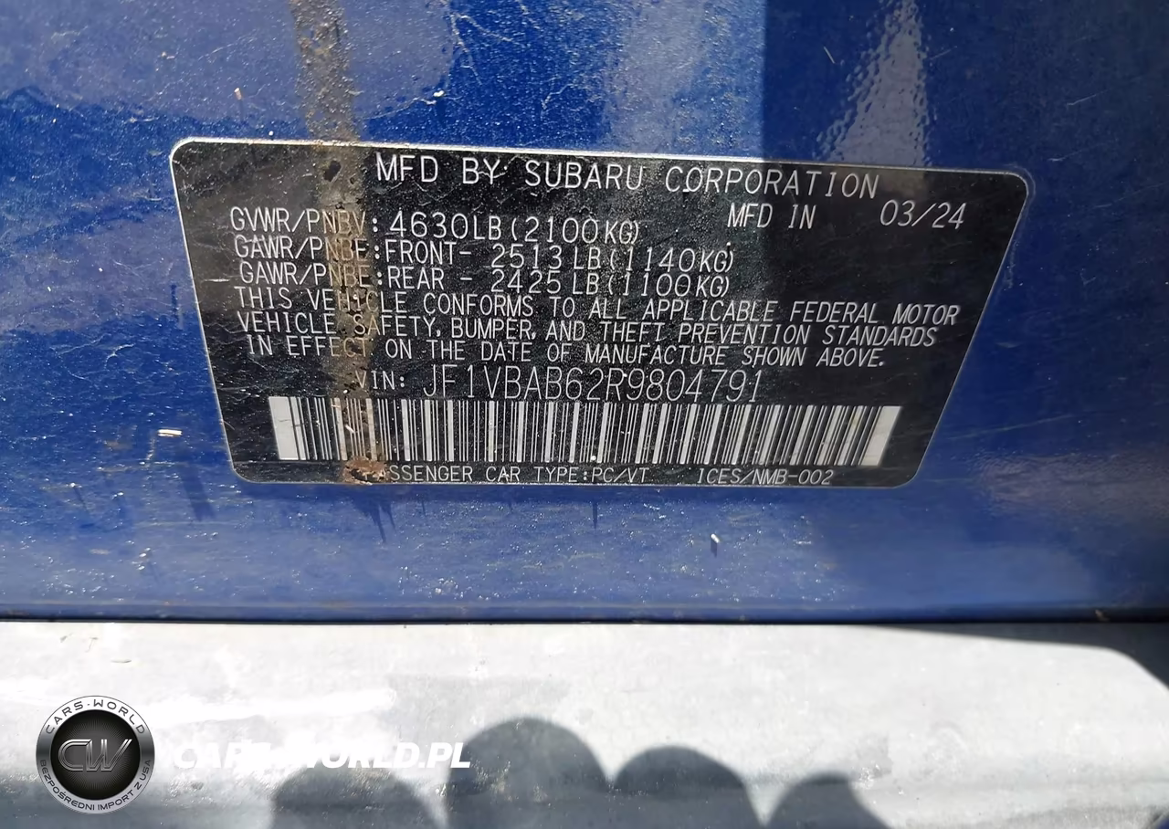 2024 Subaru Wrx VIN:JF1VBAB62R9804791 - 9