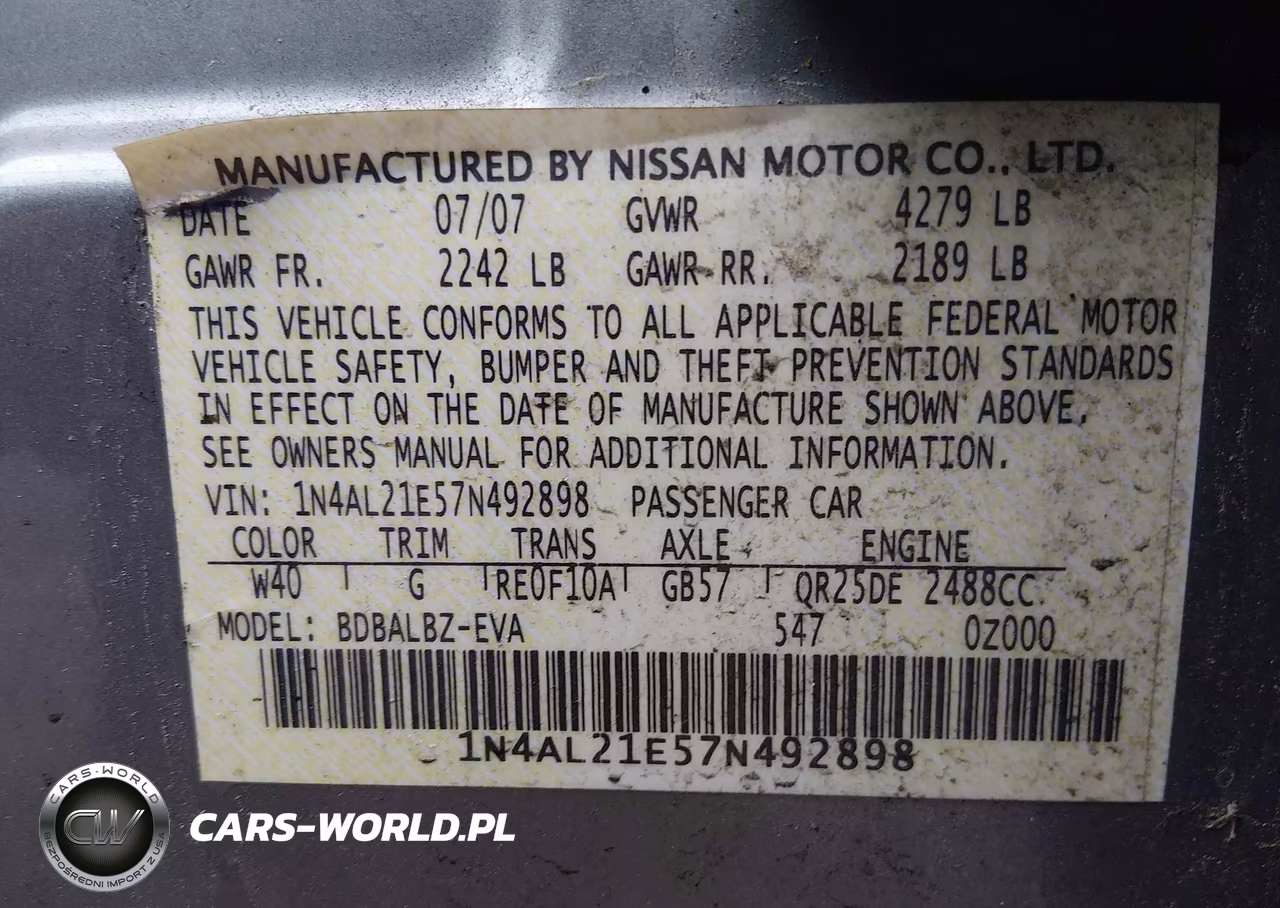 2007 Nissan Altima 2.5 S VIN:1N4AL21E57N492898 - 9