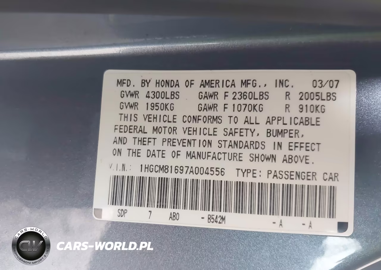 2007 Honda Accord 3.0 Ex VIN:1HGCM81697A004556 - 9