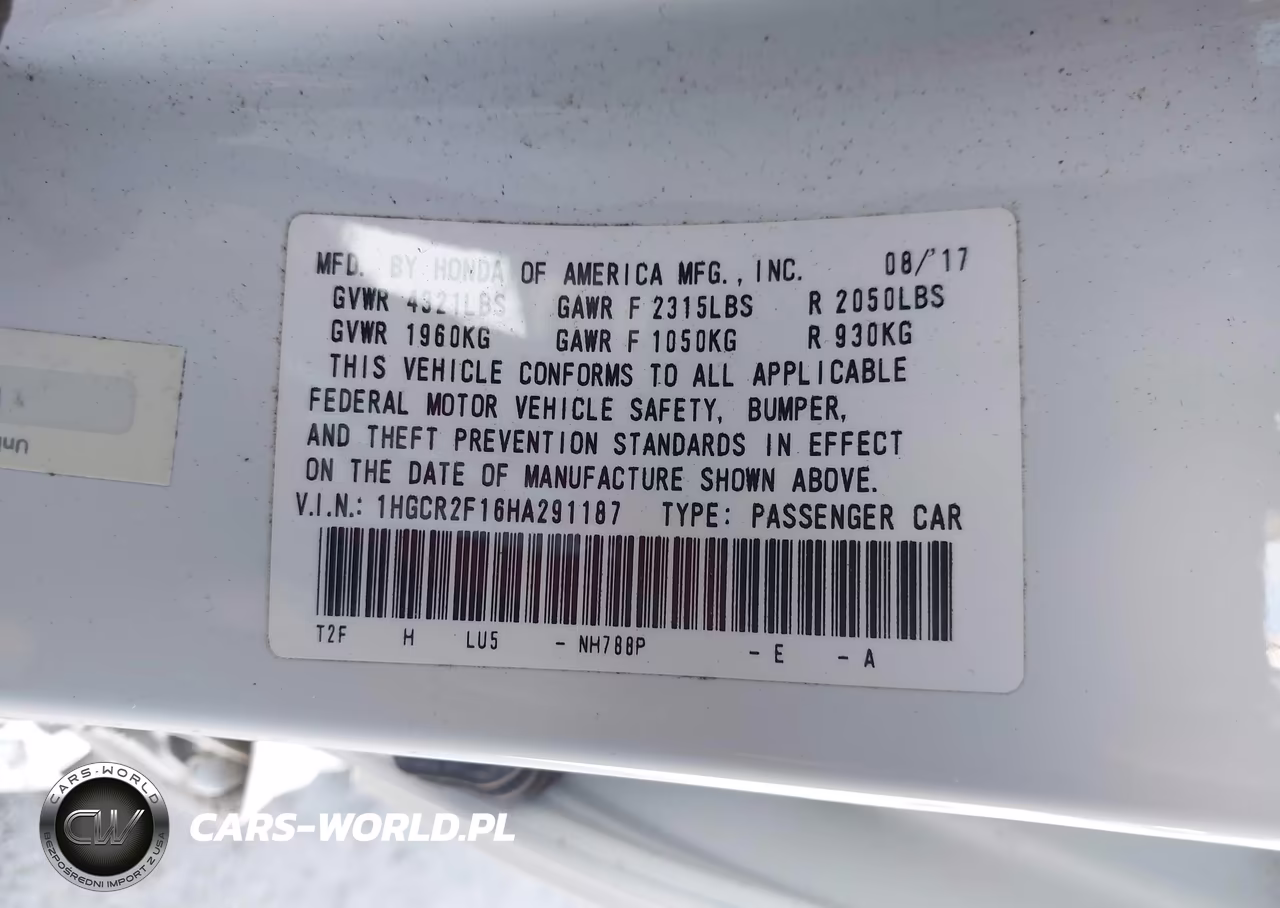 2017 Honda Accord Sport Se VIN:1HGCR2F16HA291187 - 9