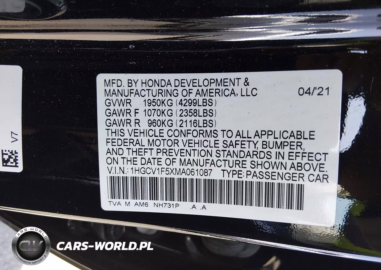 2021 Honda Accord Ex-L VIN:1HGCV1F5XMA061087 - 9