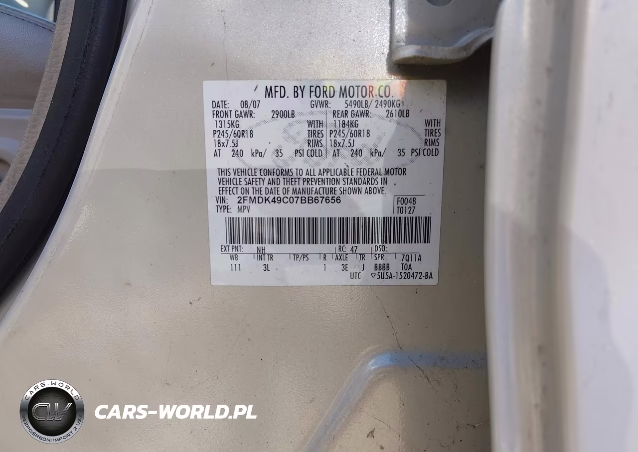 2007 Ford Edge Sel Plus VIN:2FMDK49C07BB67656 - 9