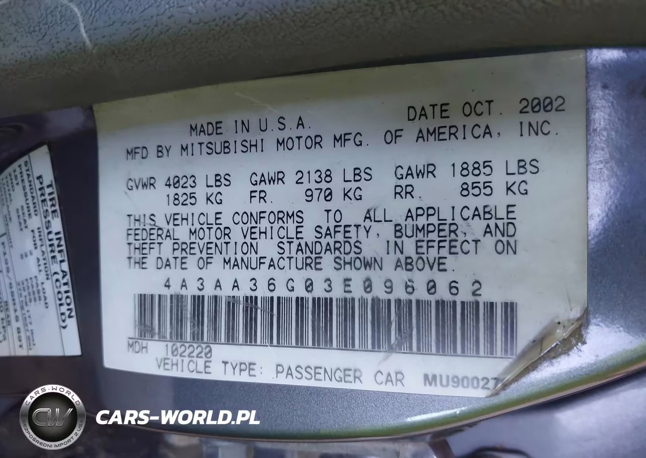 2003 Mitsubishi Galant De VIN:4A3AA36G03E096062 - 9