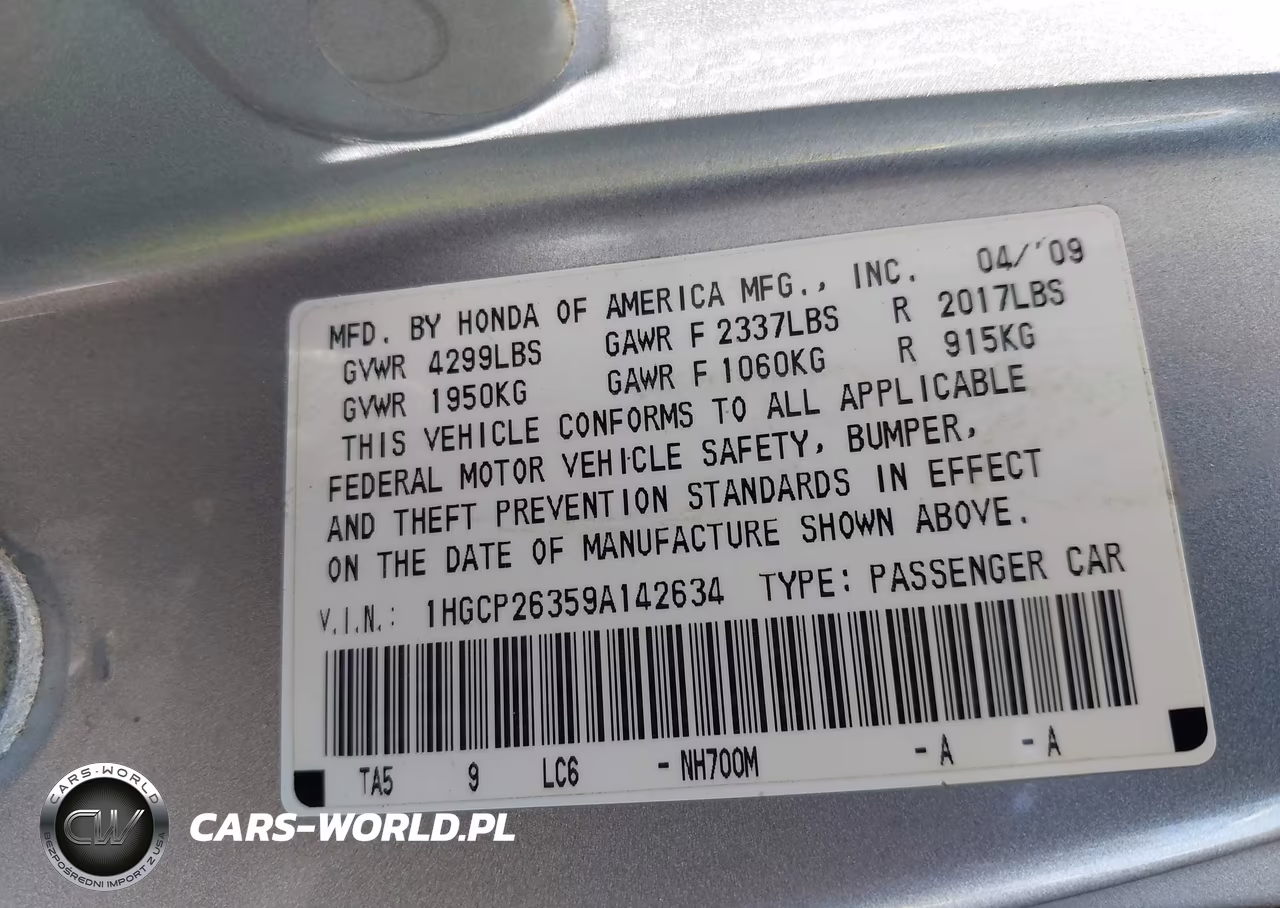 2009 Honda Accord 2.4 Lx VIN:1HGCP26359A142634 - 9