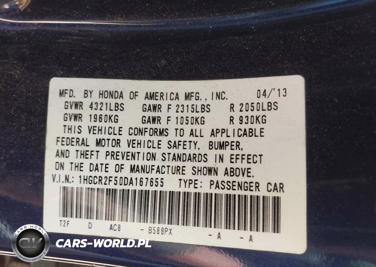 2013 Honda Accord Sport VIN:1HGCR2F50DA167655 - 9