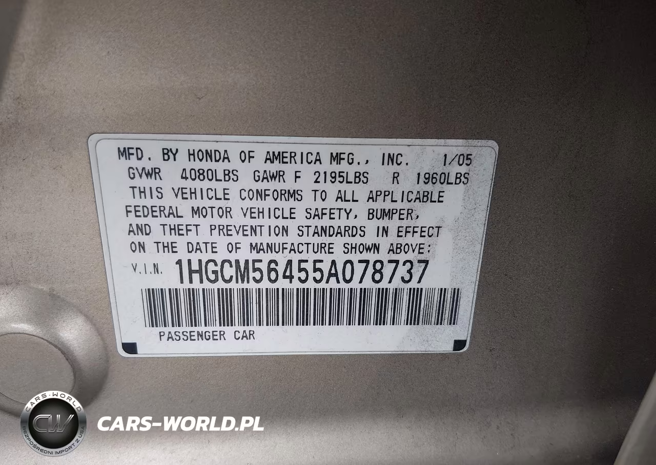2005 Honda Accord 2.4 Lx VIN:1HGCM56455A078737 - 9