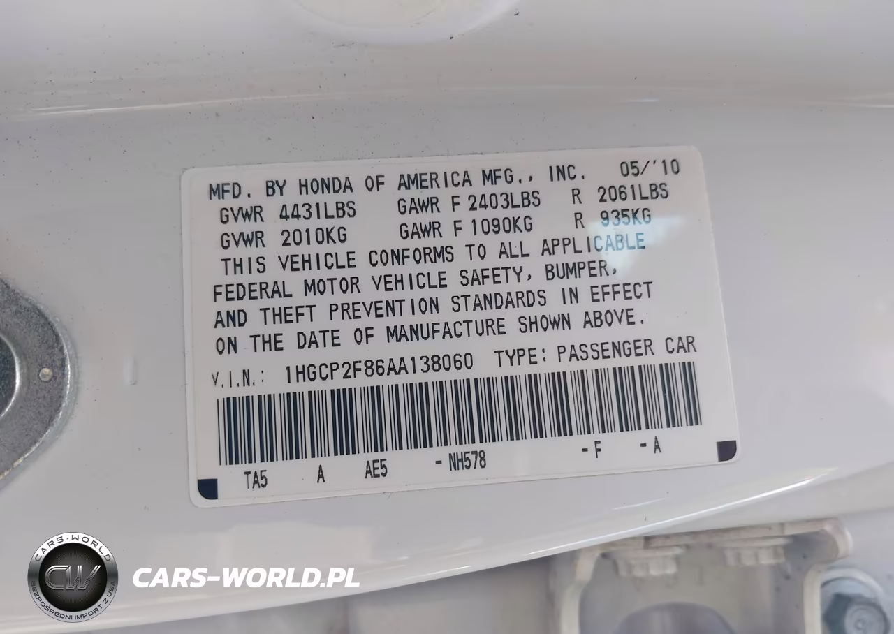 2010 Honda Accord 2.4 Ex-L VIN:1HGCP2F86AA138060 - 9